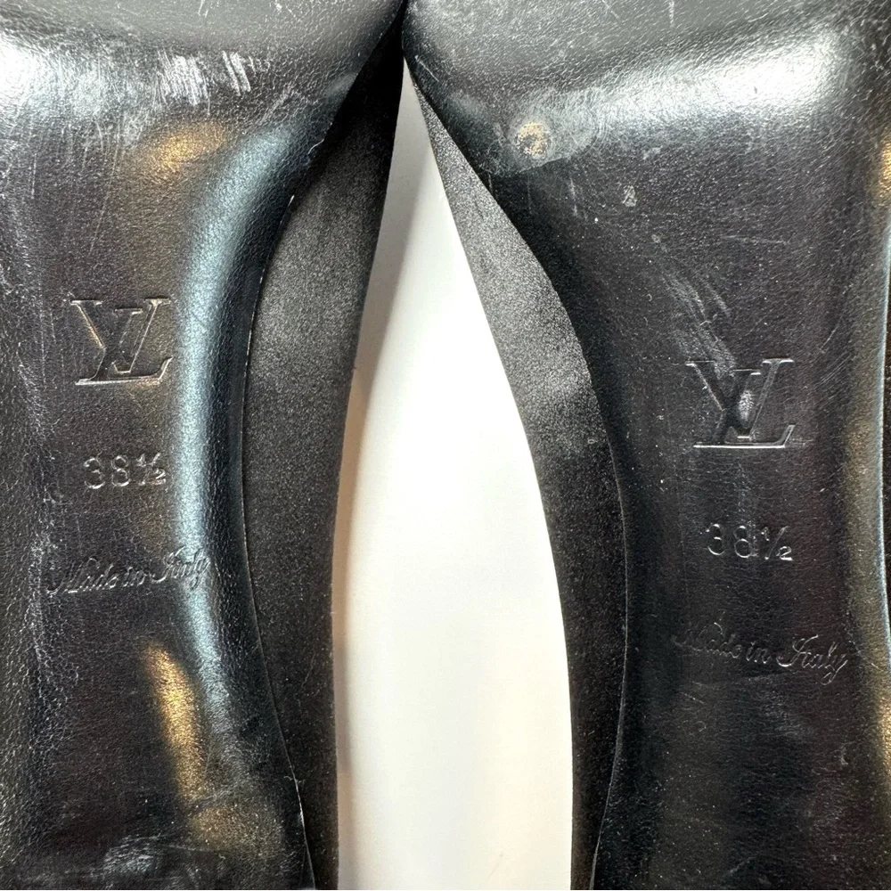 Louis Vuitton Music Hall Black Satin Peep Toe Heel W Mirror Crystal Logo Sz 38.5